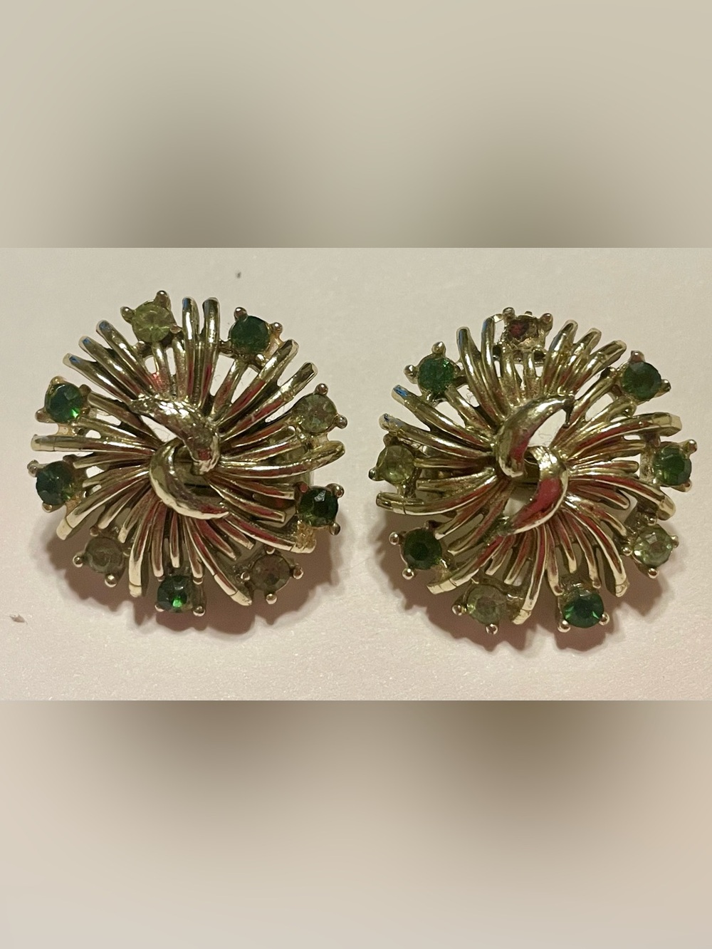 Coro Silver-Tone Floral Clip Earrings with Green Stones